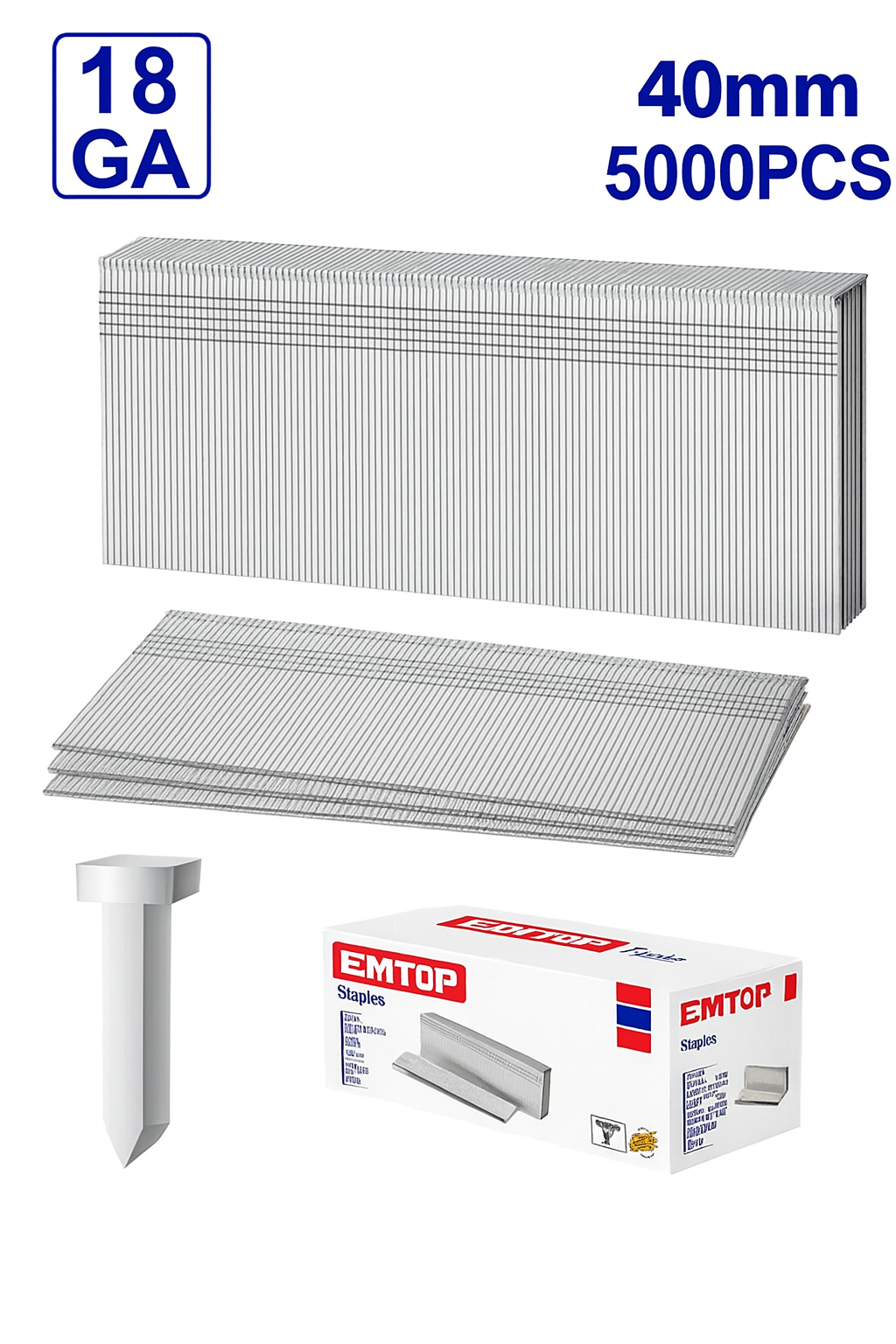 Clavos tipo brad EMTOP 40 mm calibre 18 (5000 piezas) para clavadora neumática.