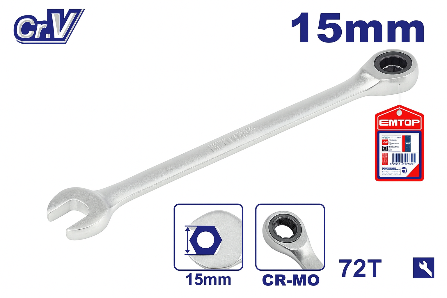 Llave combinada con matraca de 15 mm Cr-V, 72 dientes y acabado mate cromado