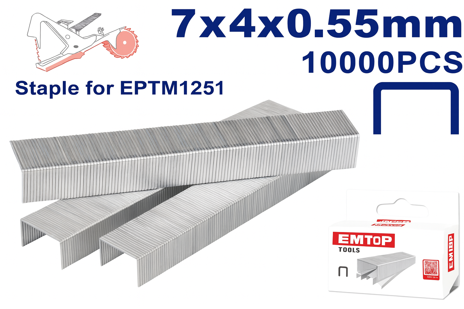 Grapas EMTOP en forma de “U” 4 mm x 7 mm (10,000 piezas) para engrapadora EPTM1251