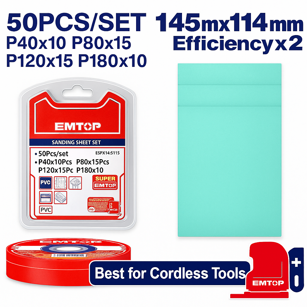 Set de hojas de lija EMTOP 145×114 mm (50 piezas) para madera, metal, pintura y más