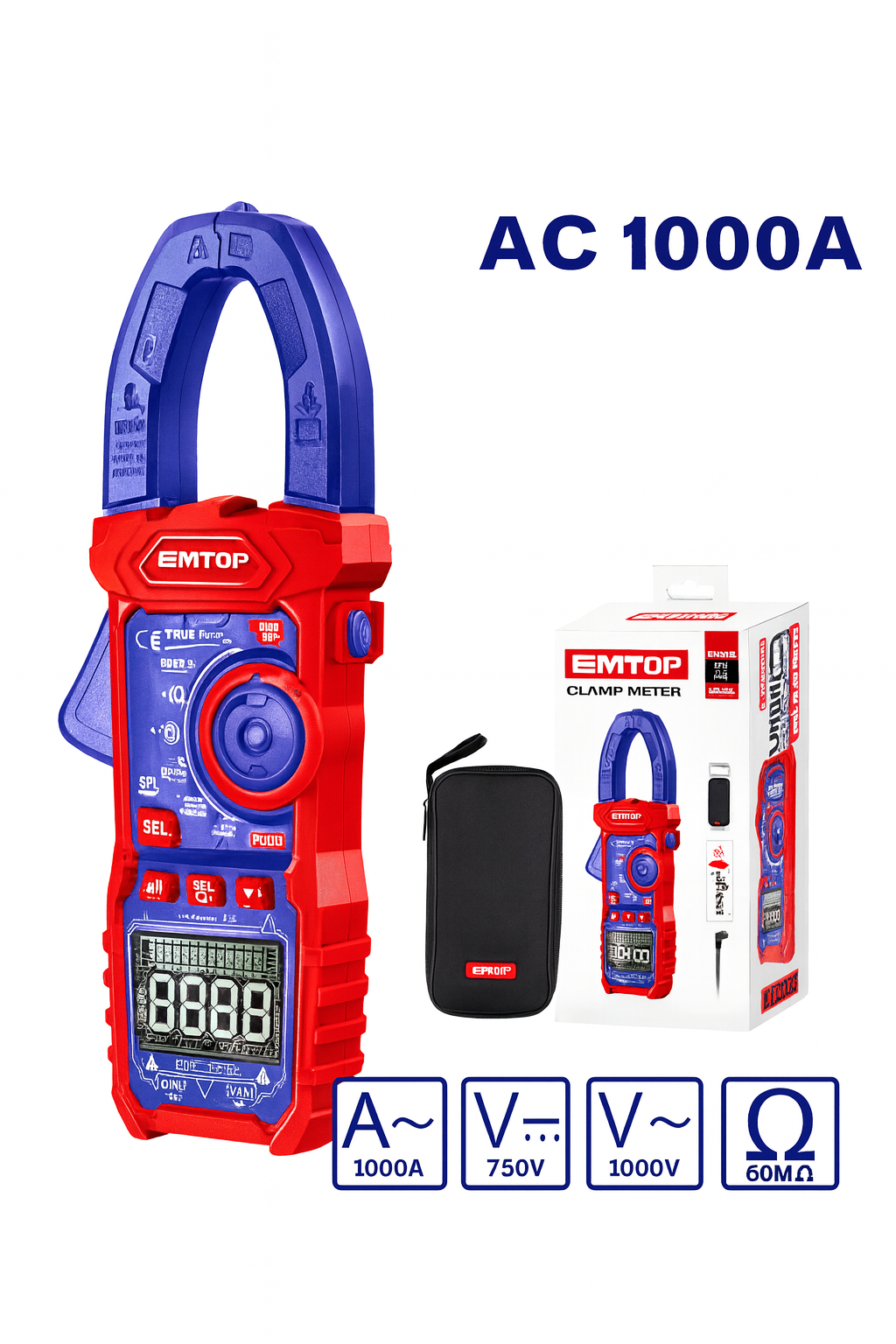 Multimetro/Pinza amperimétrica digital EMTOP 6000 cuentas True RMS con luz, retención de datos y medición AC/DC