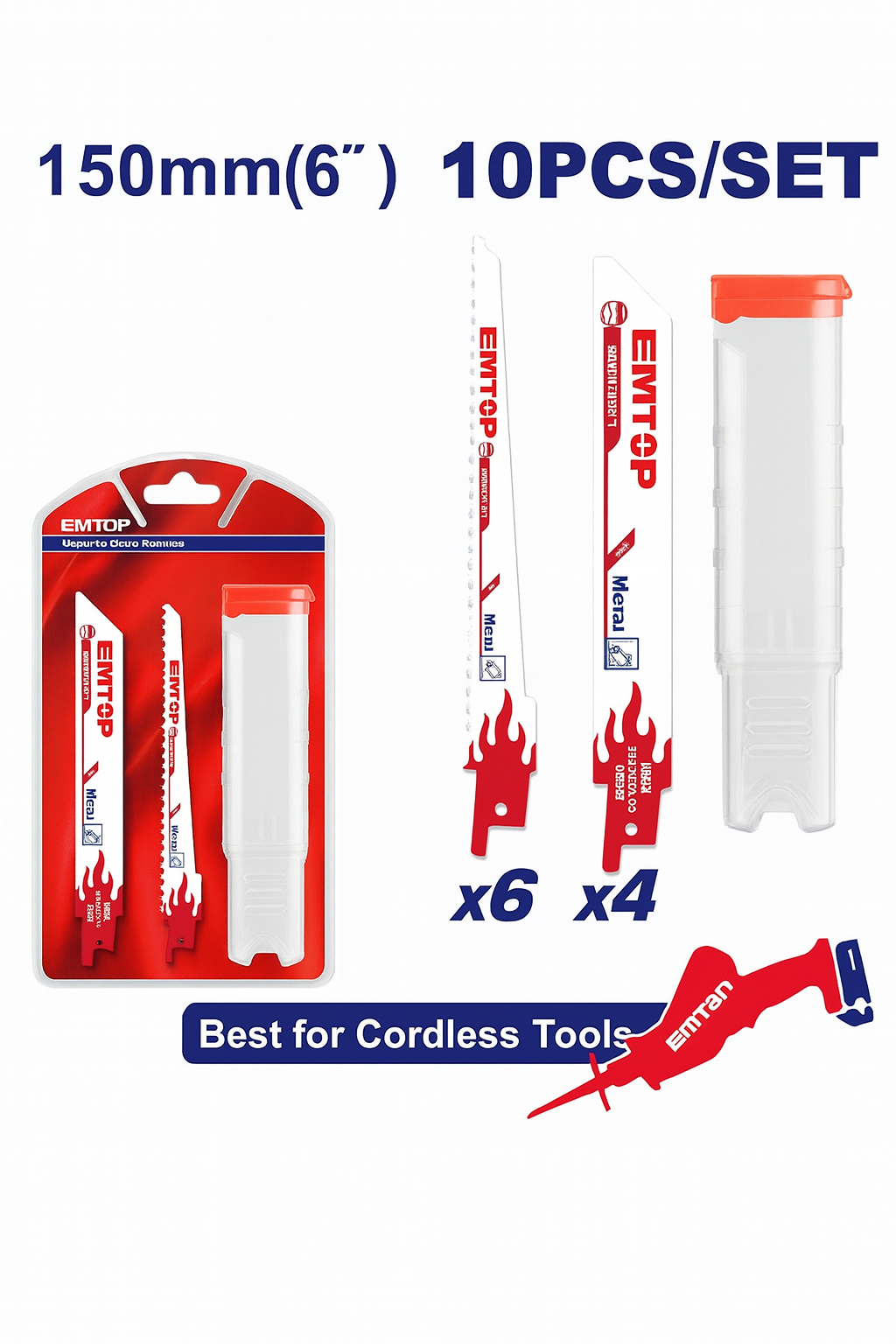 Set de hojas para sierra sable EMTOP 10 piezas (madera y metal) con estuche plástico