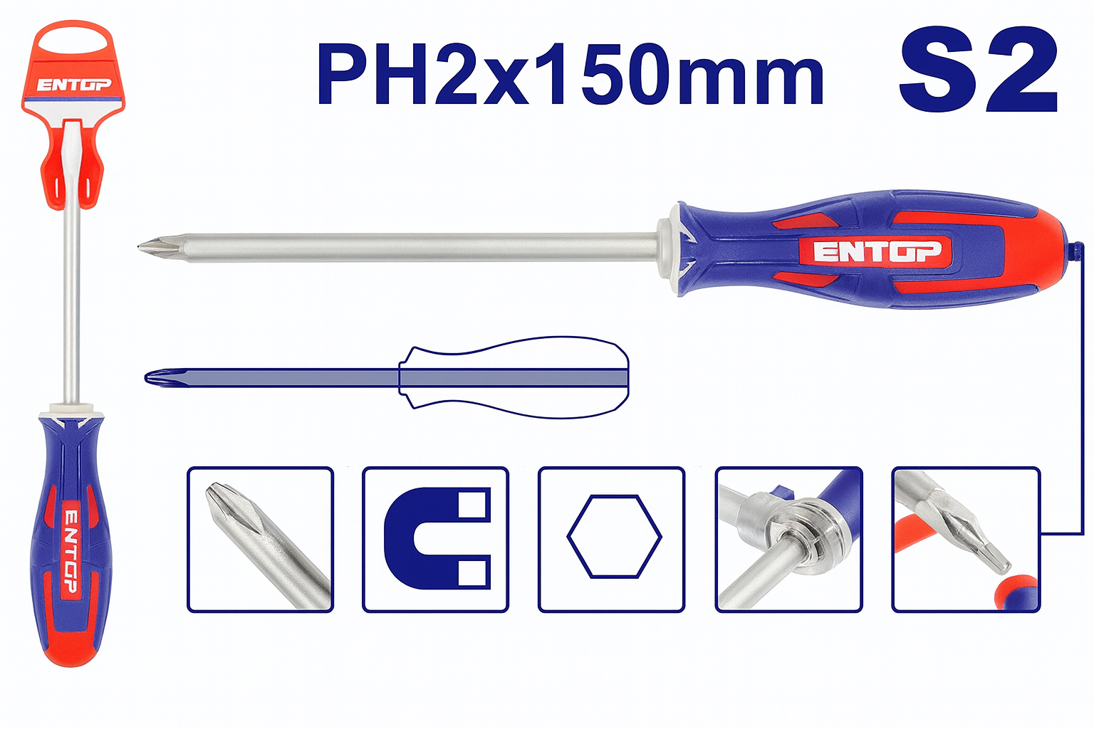 Desarmador de cruz PH2 x 150 mm en acero industrial S2 con mango ergonómico
