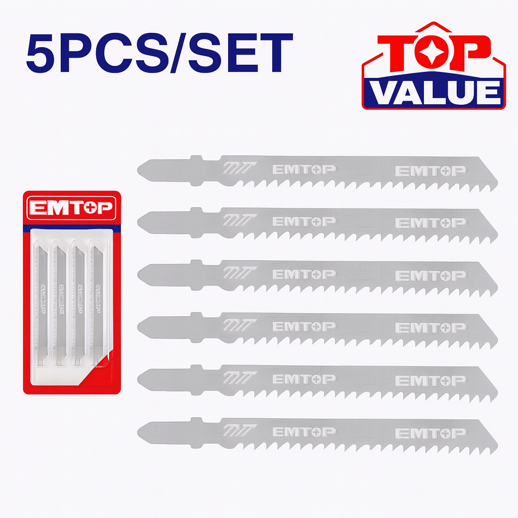 Juego de hojas para sierra caladora EMTOP para madera 74 mm 8TPI HCS (5 piezas)