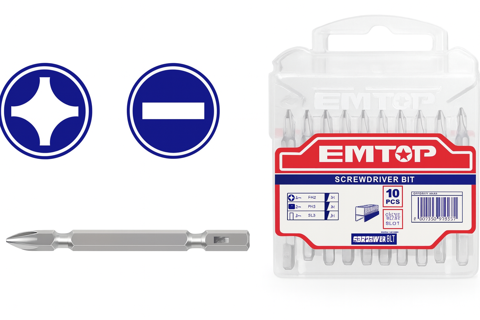 Juego de puntas dobles EMTOP PH2 + SL6.0 (65 mm) magnéticas de acero S2 – 10 piezas con estuche