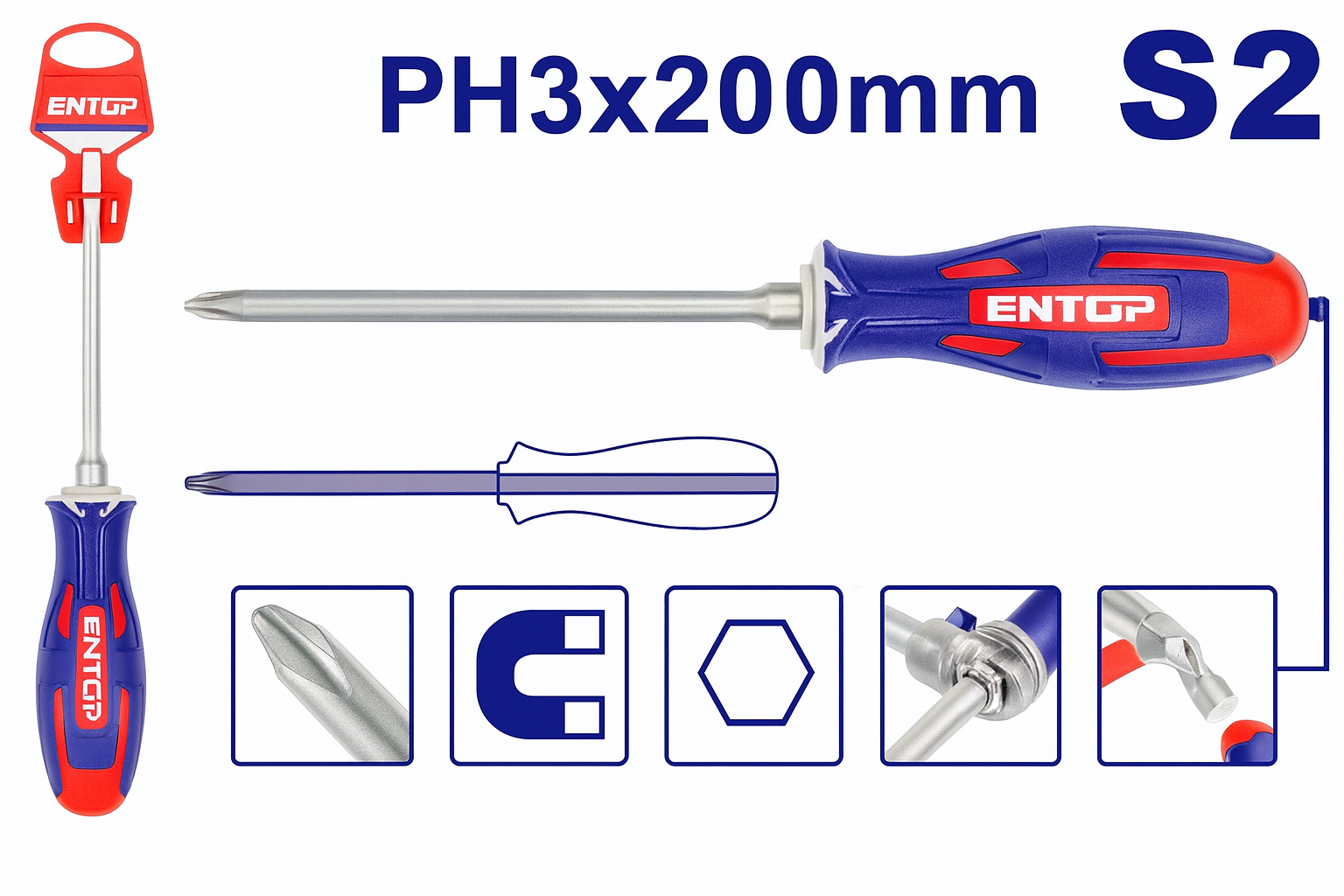 Desarmador de cruz PH3 x 200 mm en acero industrial S2 con mango ergonómico