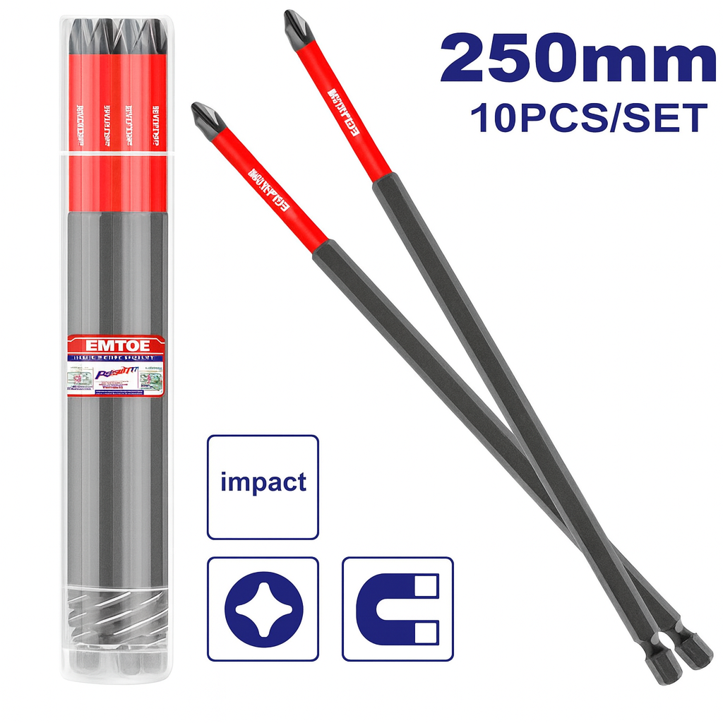 Juego de puntas de impacto EMTOP PH2 x 250 mm con funda visible magnética – 10 piezas