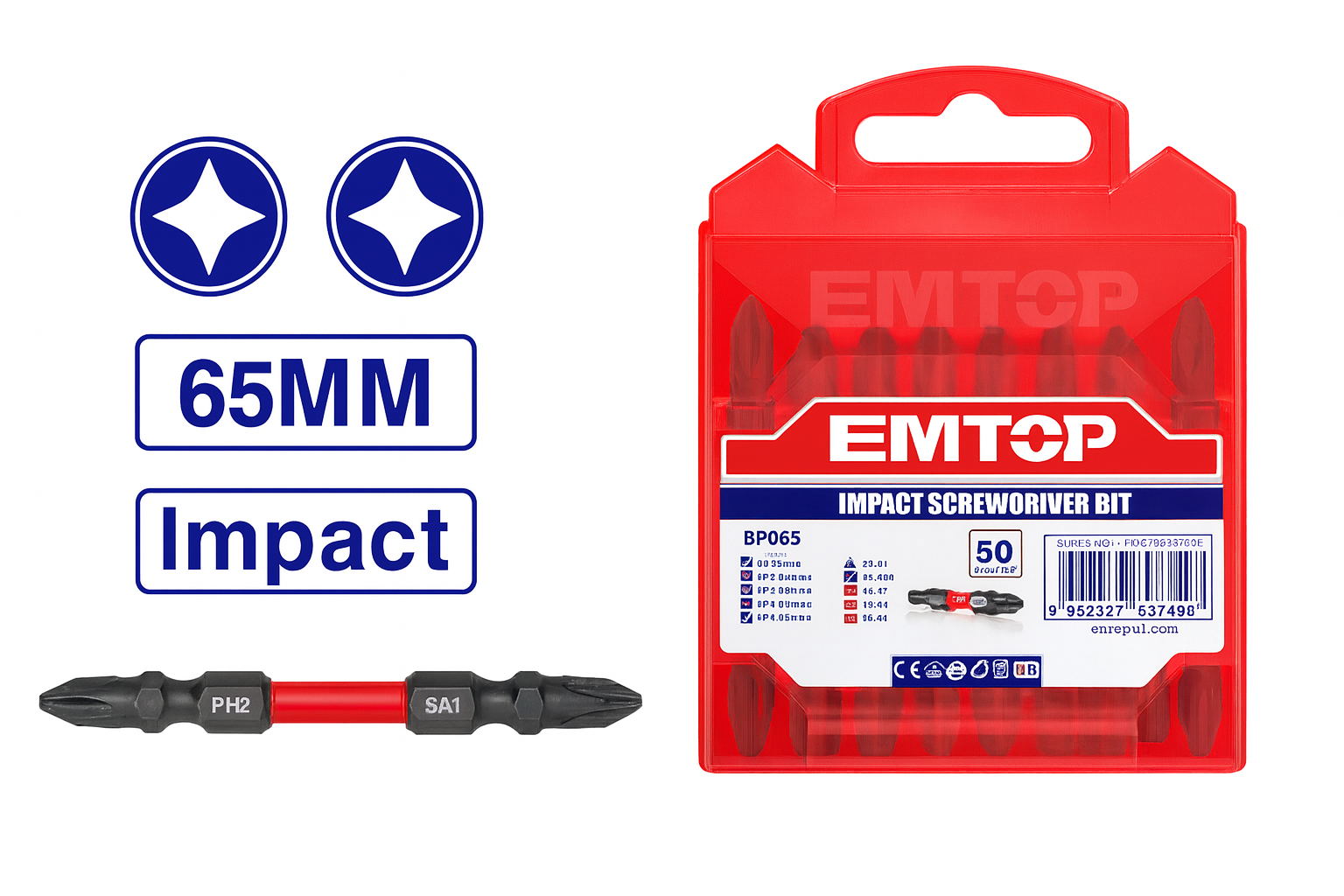 Juego de puntas de impacto EMTOP PH2 + PH2 (65 mm) magnéticas con funda visible – 10 piezas