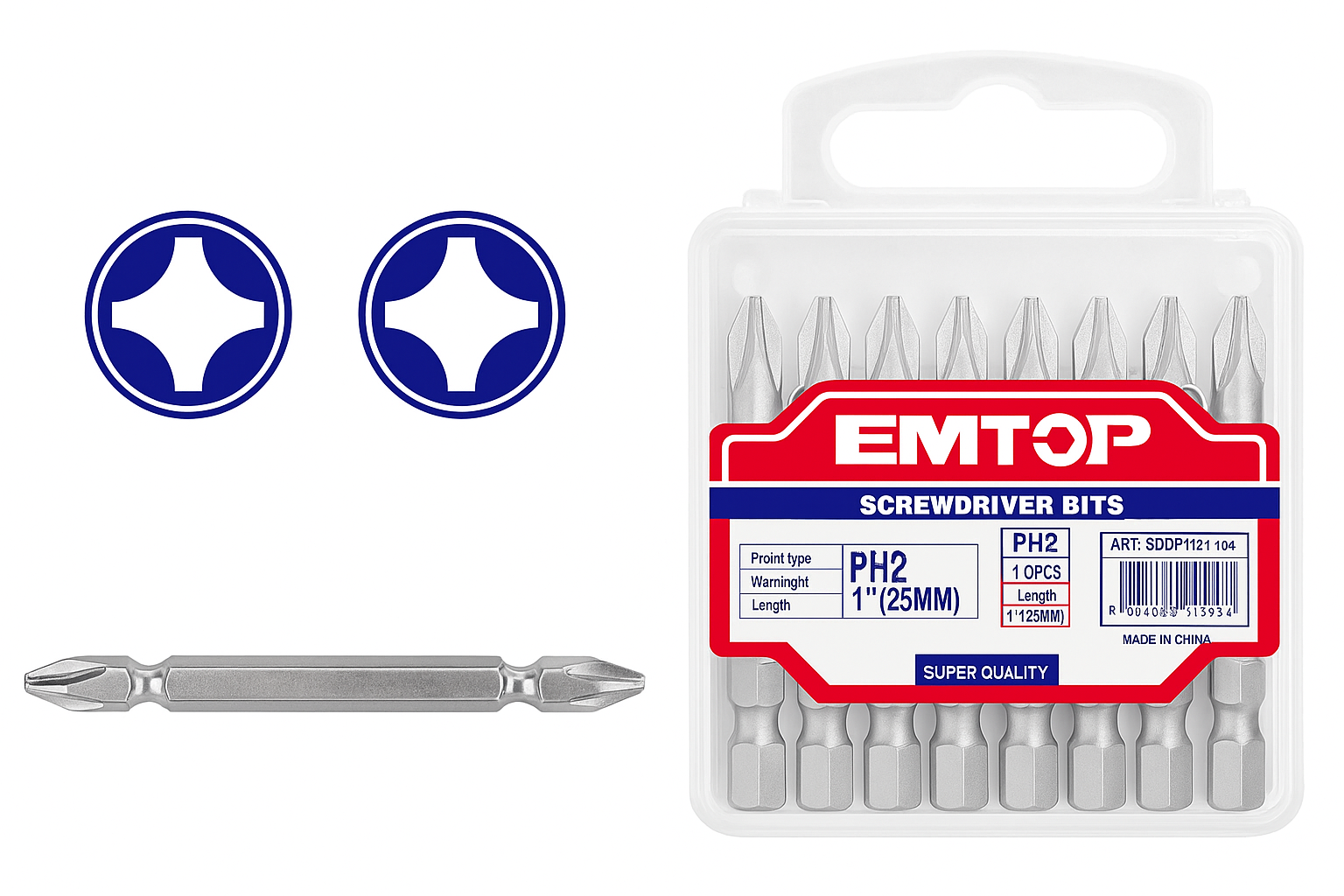 Juego de puntas dobles EMTOP PH2 + PH2 (65 mm) magnéticas de acero S2 – 10 piezas