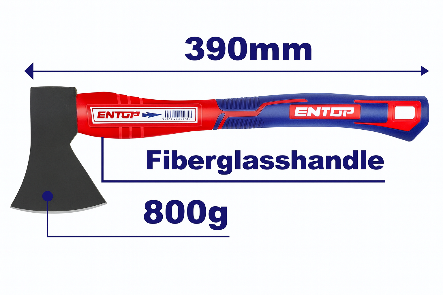 Hacha de 800 g con mango de fibra de vidrio y cabeza forjada en acero al carbono 45#
