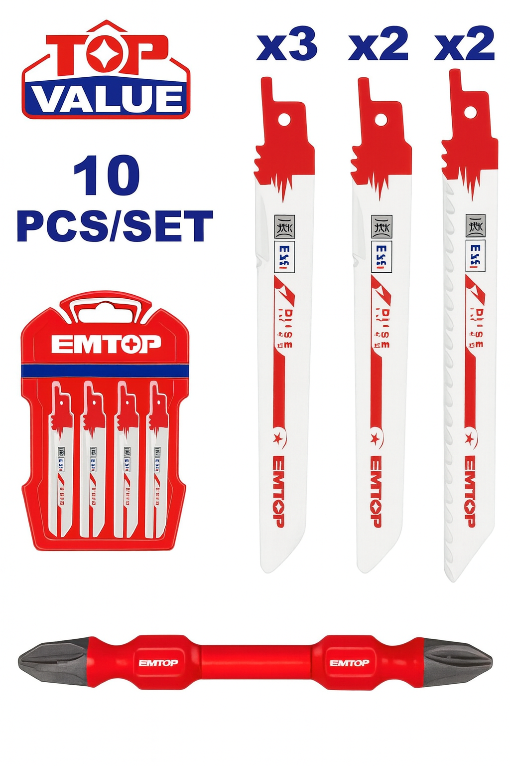 Set de hojas para sierra sable EMTOP 10 piezas Bi-Metal para madera con clavos y metal