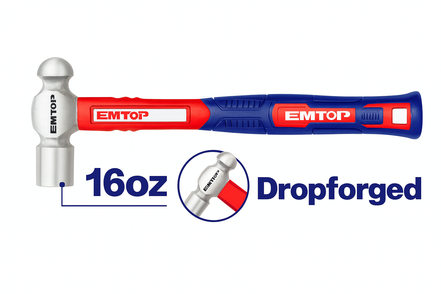 Martillo de bola de 16 oz (450 g) con mango de fibra de vidrio y cabeza forjada en acero al carbono 45#