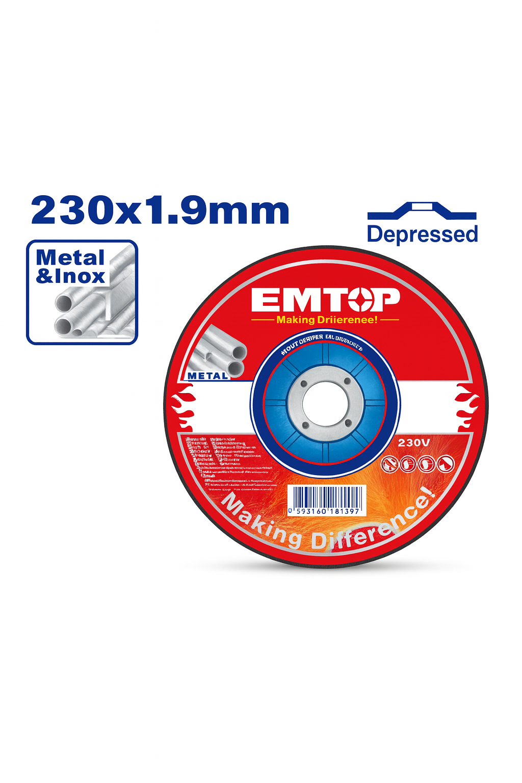Disco de corte EMTOP para metal e inoxidable 230 mm x 1.9 mm x 22.2 mm (centro deprimido)