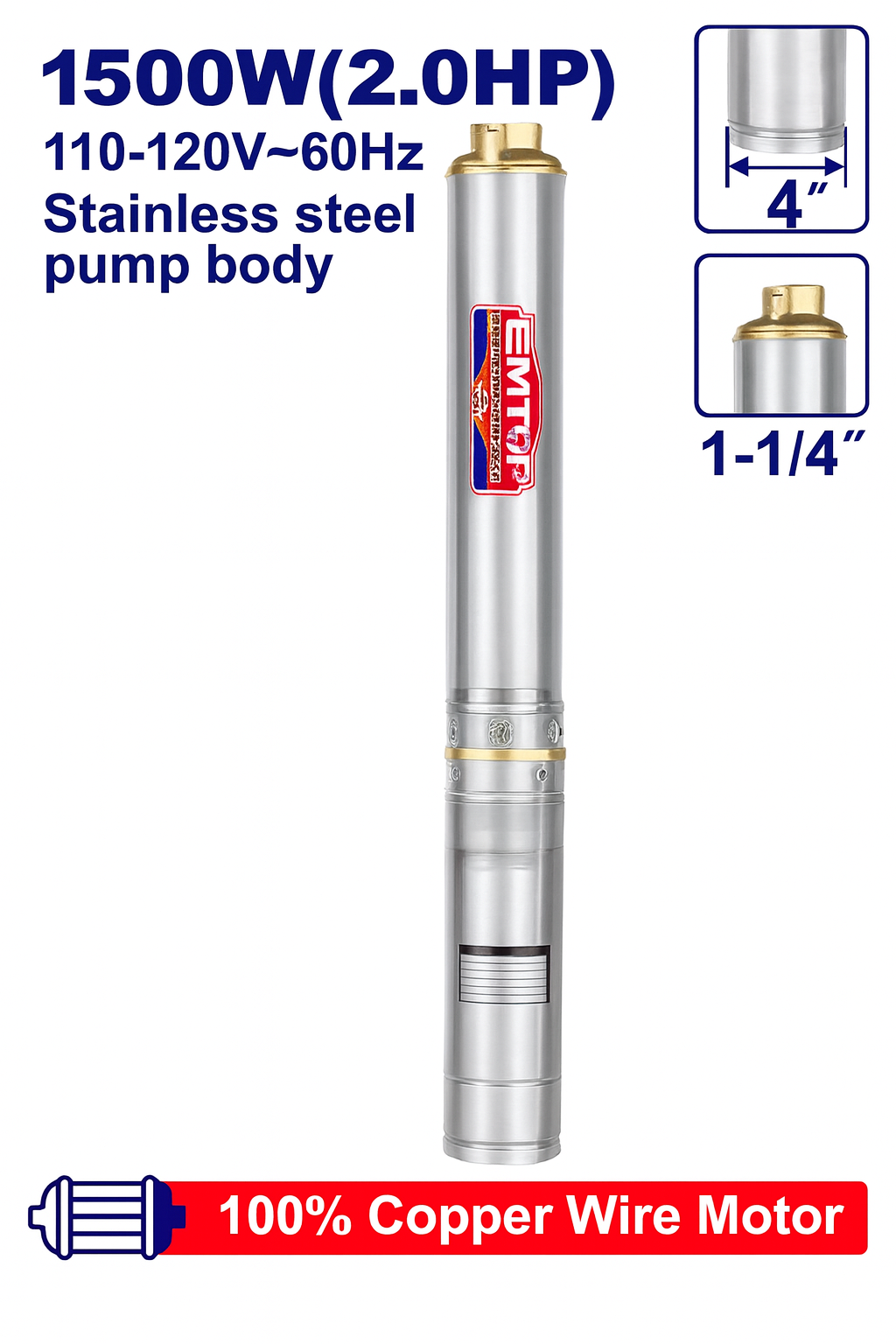 Bomba sumergible de pozo profundo EMTOP 4" 2HP 1500W acero inoxidable con cable de 20 m