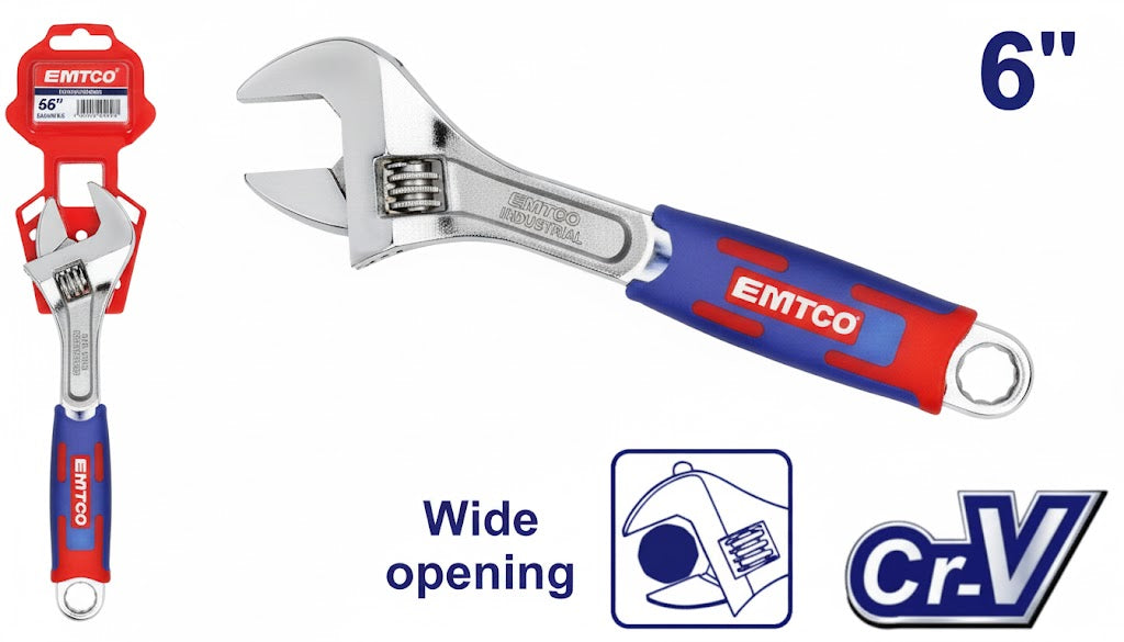 Llave ajustable de 150 mm (6") Cr-V con mango bicolor ergonómico