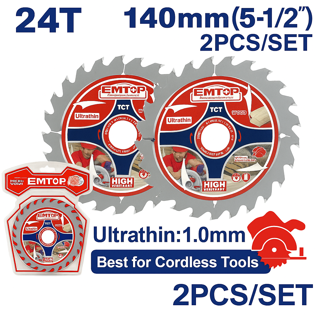 Set de discos de sierra ultrafinos EMTOP TCT 140 mm (5-1/2”) 24 dientes con anillo reductor – 2 piezas