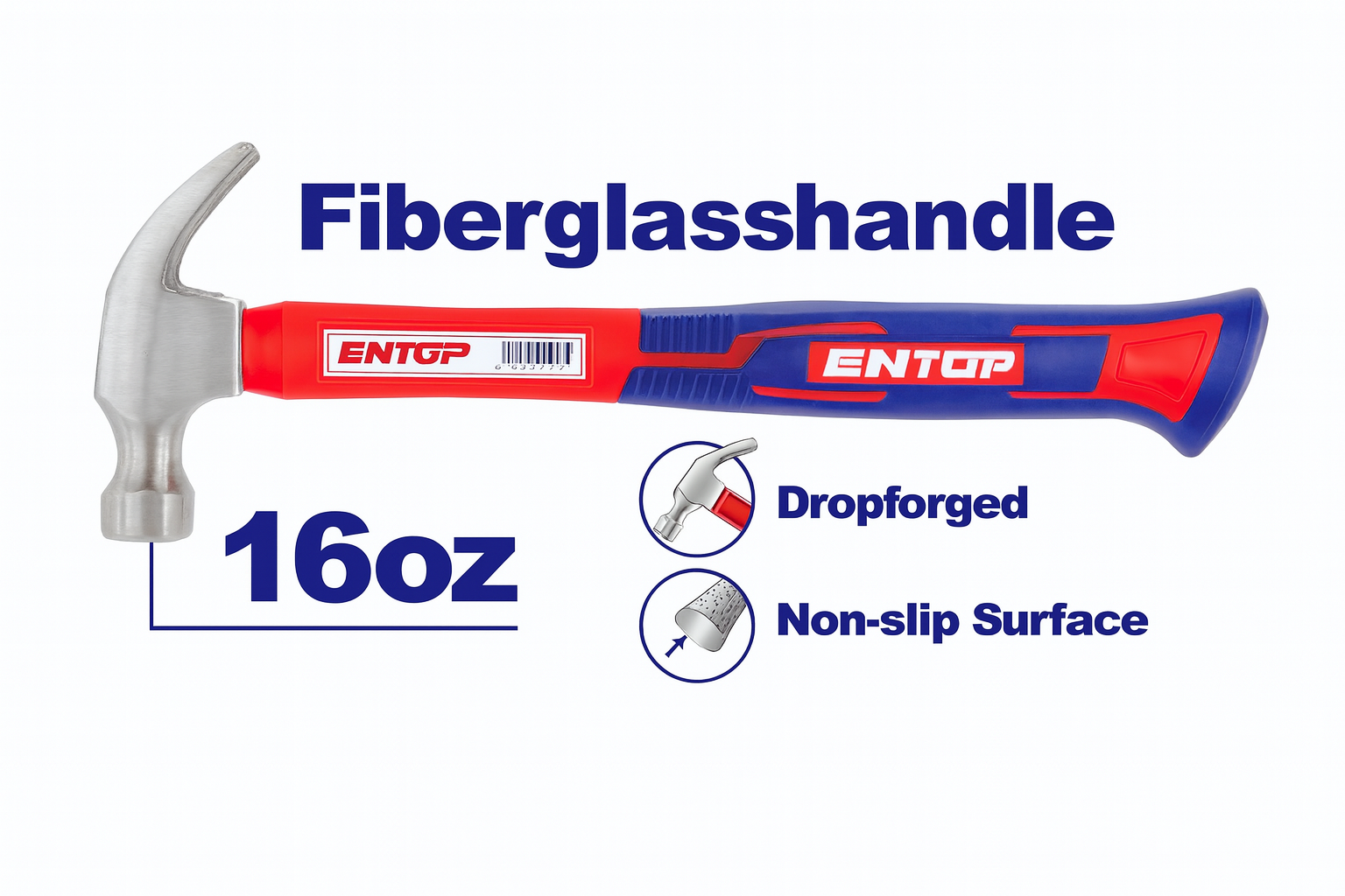 Martillo de uña de 16 oz (450 g) con mango de fibra de vidrio antideslizante y cabeza forjada en acero al carbono 45#