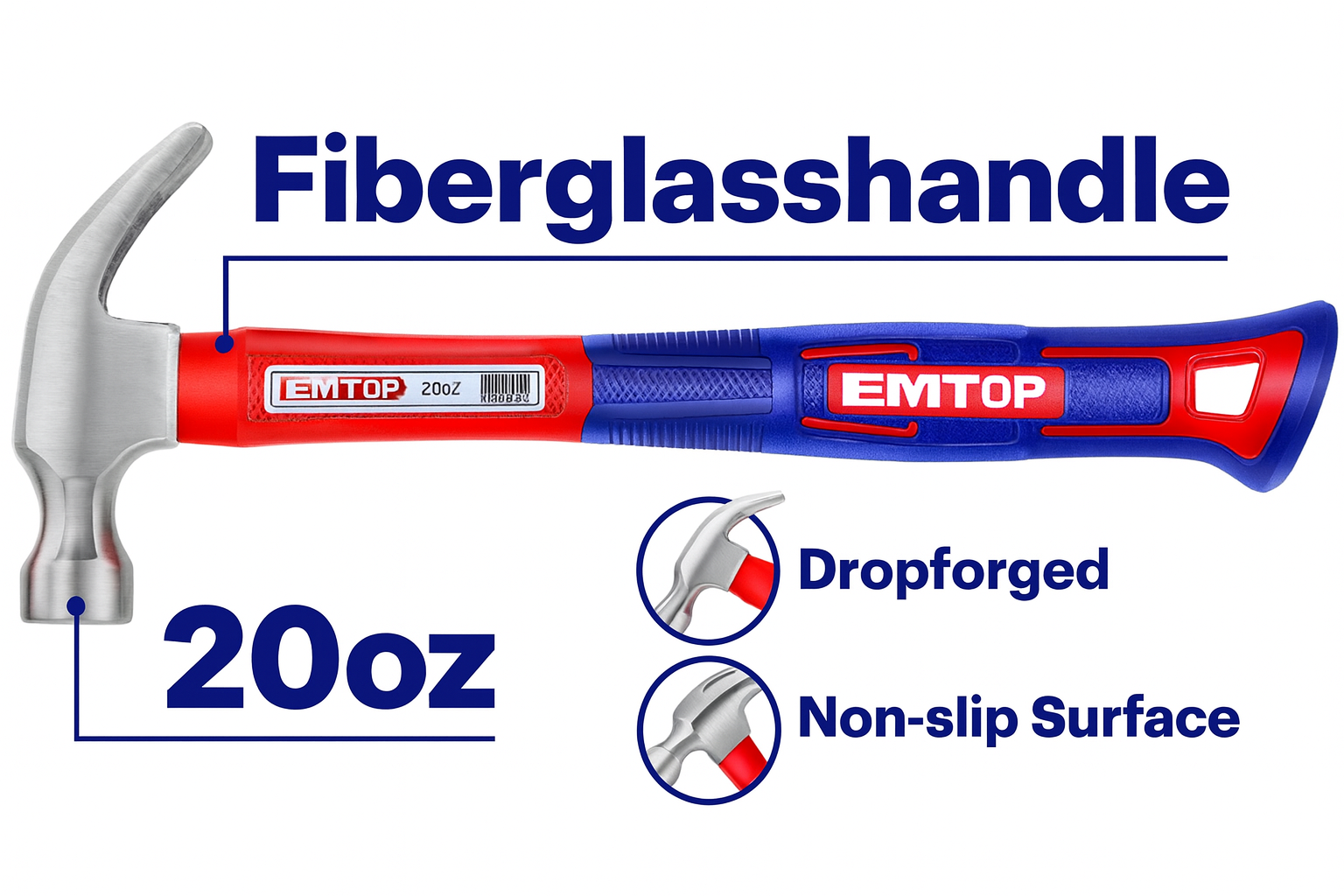 Martillo de uña de 20 oz (560 g) con mango de fibra de vidrio antideslizante y cabeza forjada en acero al carbono 45#