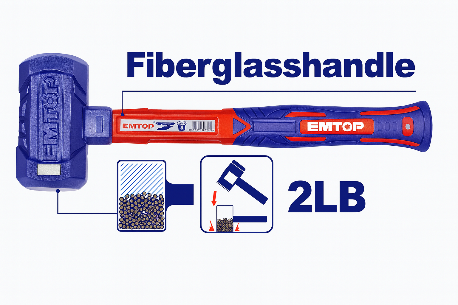 Mazo antirrebote de 2 lb con caras plásticas y mango de fibra de vidrio