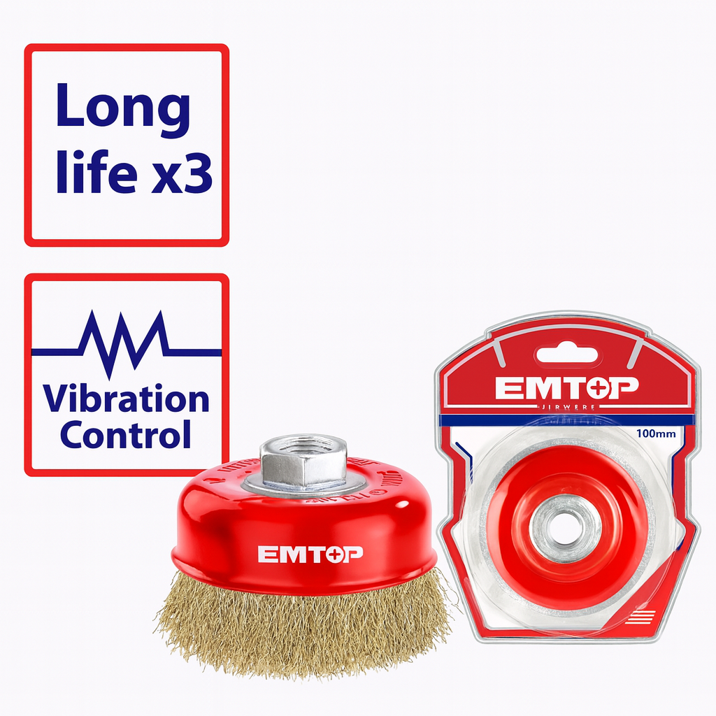 Cepillo de copa de alambre EMTOP 75 mm (3”) rosca 5/8"-11UNC – acero trenzado 0.3 mm