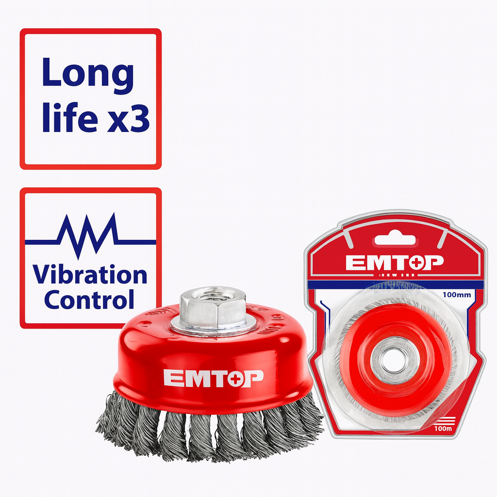 Cepillo de copa de alambre EMTOP 75 mm (3”) rosca 5/8"-11UNC – acero trenzado 0.5 mm