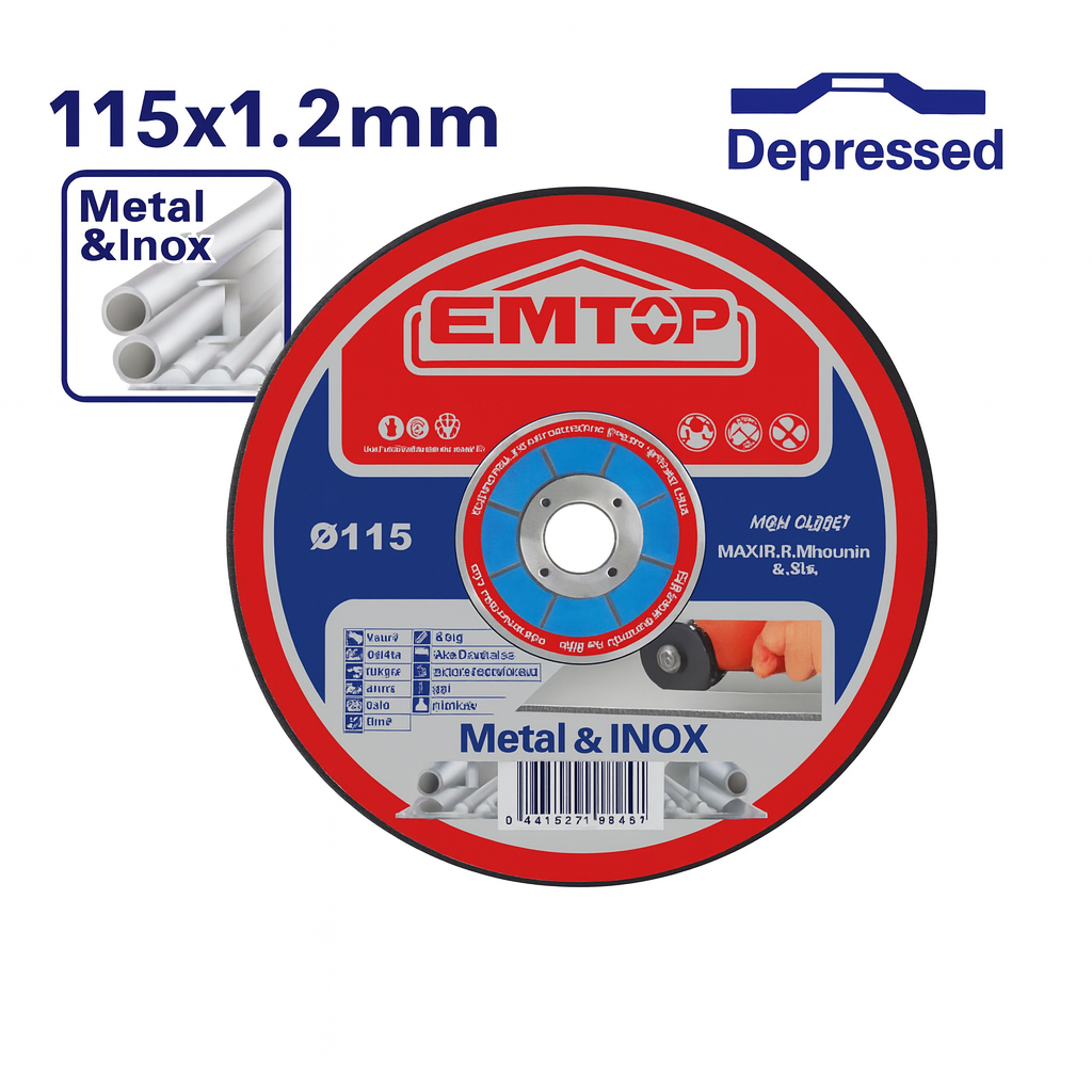 Disco de corte EMTOP para metal e inoxidable 115 mm x 1.2 mm x 22.2 mm (centro deprimido)