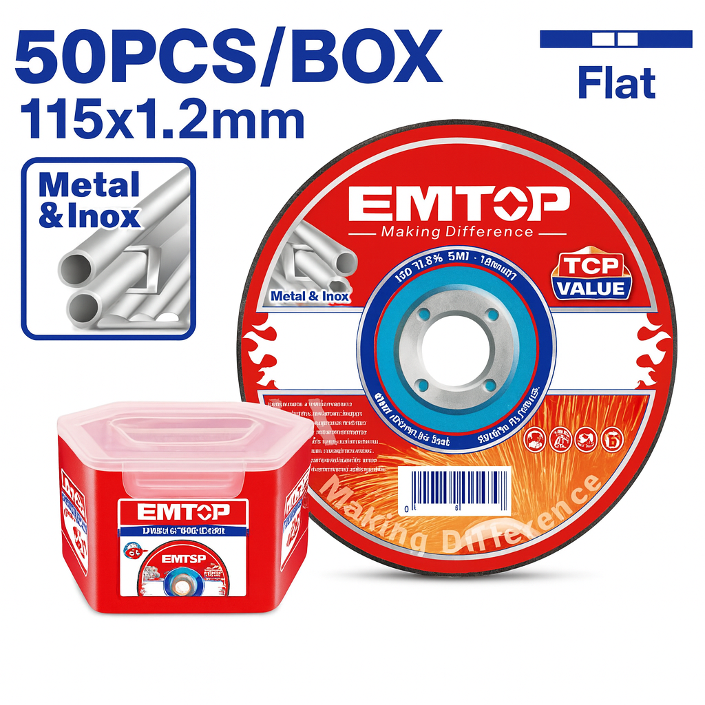 Set de 50 discos de corte EMTOP para metal e inoxidable 115 mm x 1.2 mm x 22.2 mm (centro plano) en caja plástica