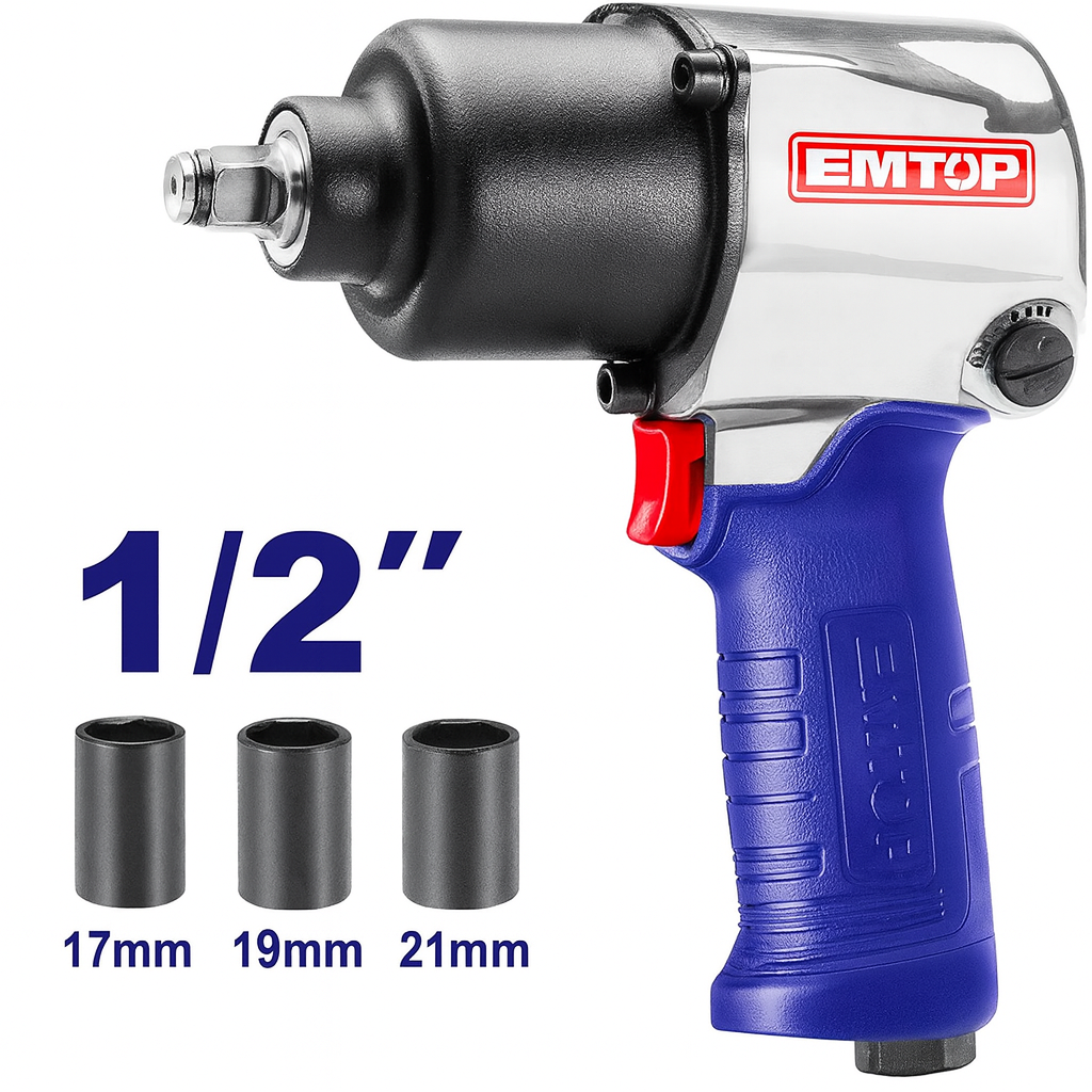 Llave de impacto neumática EMTOP 1/2" 610 Nm con juego de dados y conectores universales