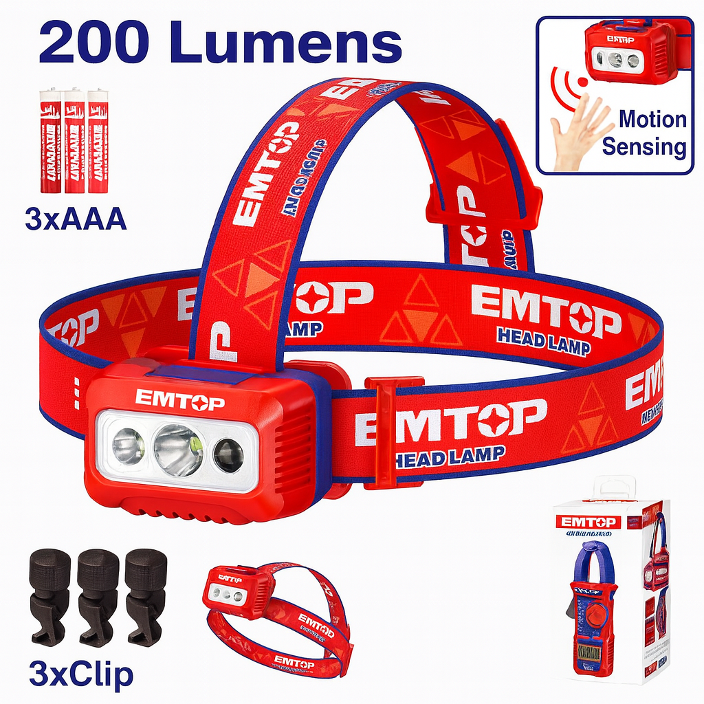 Linterna frontal EMTOP 200 lúmenes resistente a la lluvia IPX4 con batería AAA