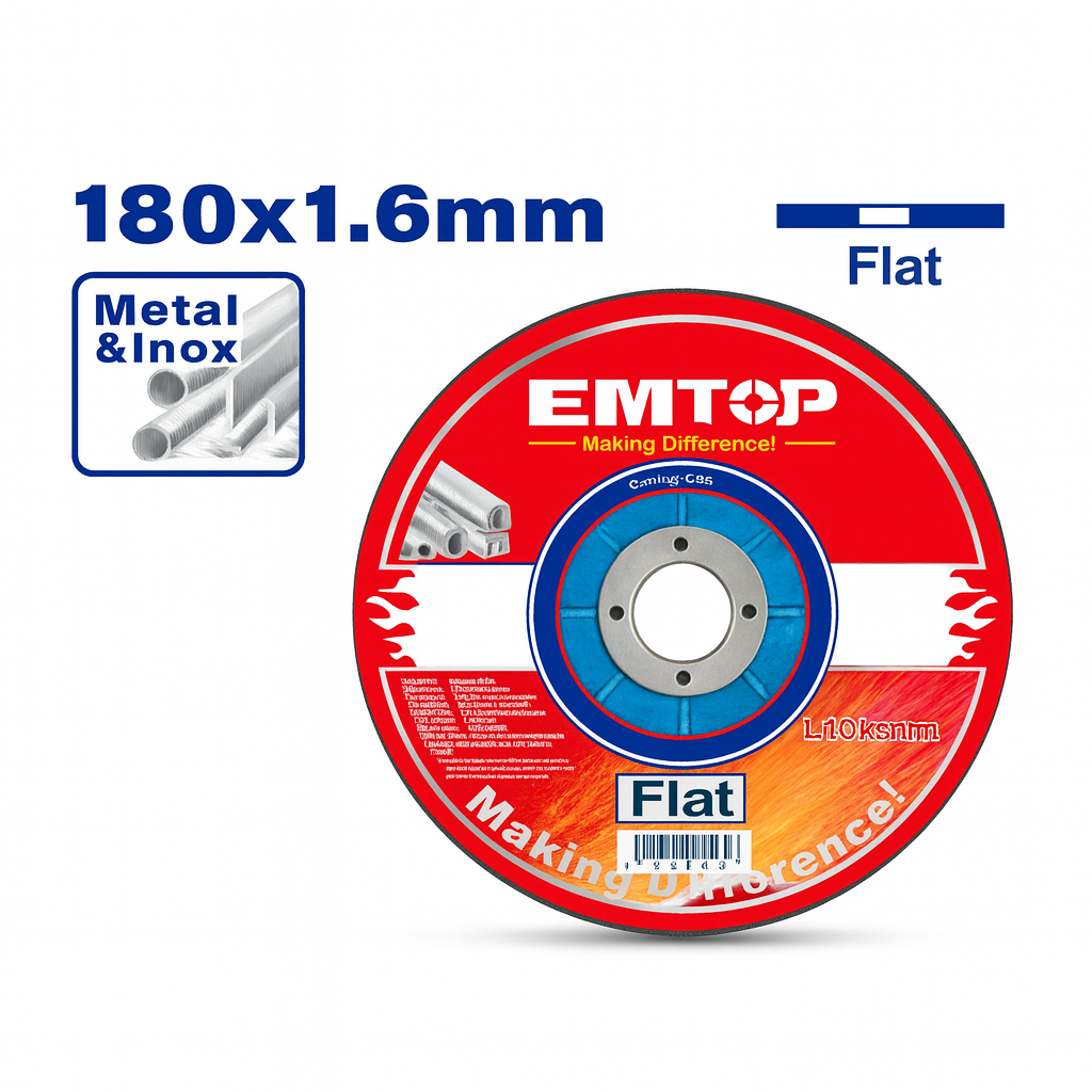 Disco de corte EMTOP para metal e inoxidable 180 mm x 1.6 mm x 22.2 mm (centro plano)