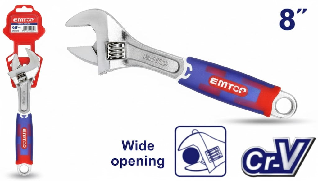 Llave ajustable tipo cangrejo de 200 mm (8") Cr-V con mango ergonómico bicolor