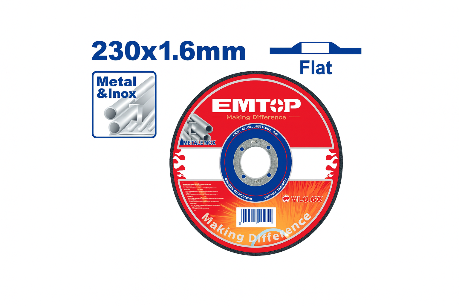Disco de corte EMTOP para metal e inoxidable 230 mm x 1.6 mm x 22.2 mm (centro plano)