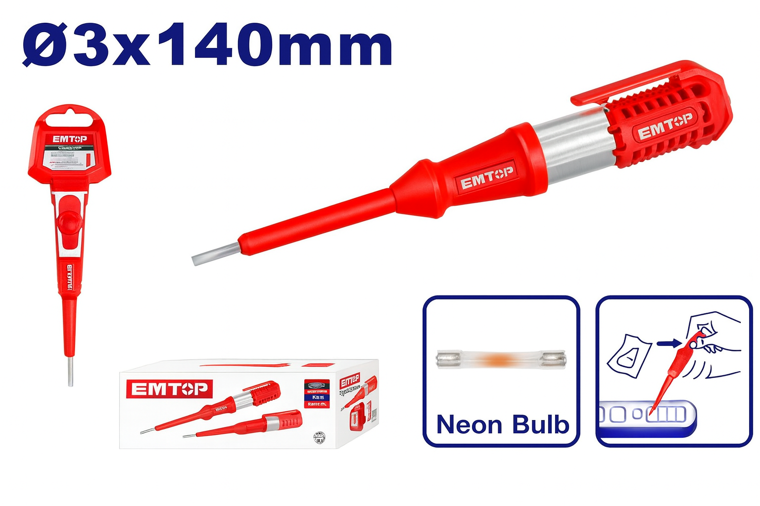 Probador eléctrico EMTOP 100–500V tipo destornillador 3x140 mm