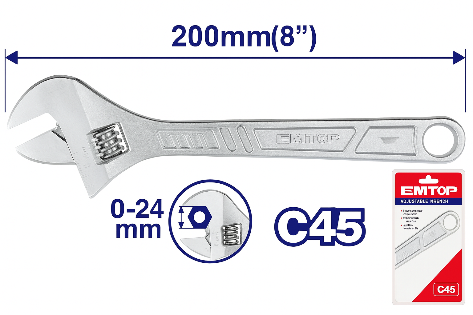 Llave ajustable de 200 mm (8") con apertura de 0–24 mm y empaque en tarjeta de papel