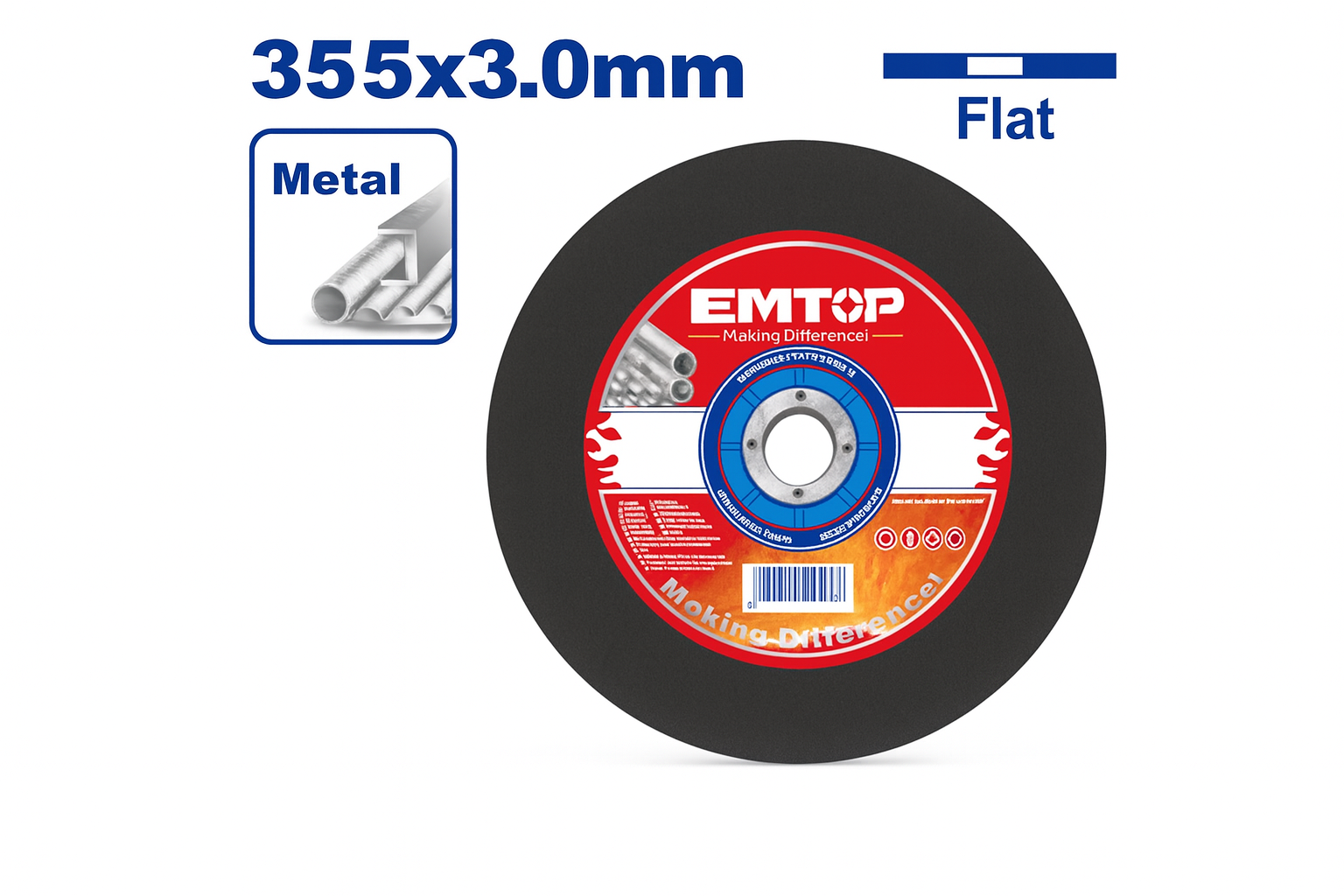 Disco de corte EMTOP para metal e inoxidable 355 mm x 3.0 mm x 25.4 mm (centro plano)