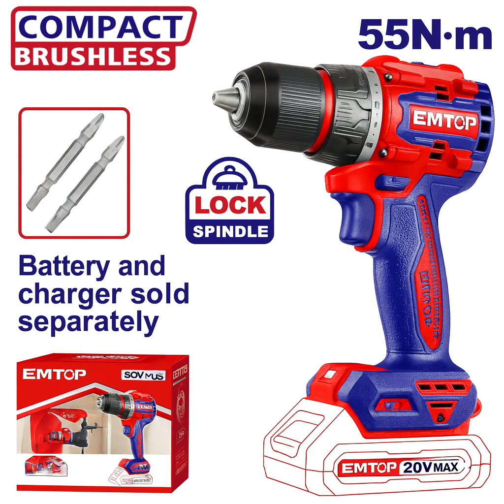 Taladro inalámbrico compacto sin escobillas EMTOP 20V con mandril metálico de 13 mm y 2 velocidades mecánicas.