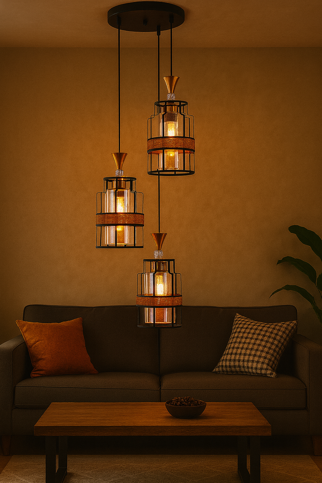 Lámpara colgante de 3 copas negro y marrón | Diseño moderno