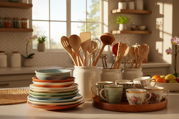 HAZME UNA IMAGEN DE PLATOS TAZAS Y UTENSILIOS DE COCINA